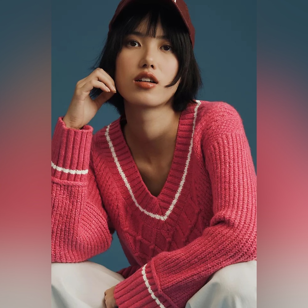 Anthropologie Maeve Tilly V Neck Knit Sweater Pink White Size Small